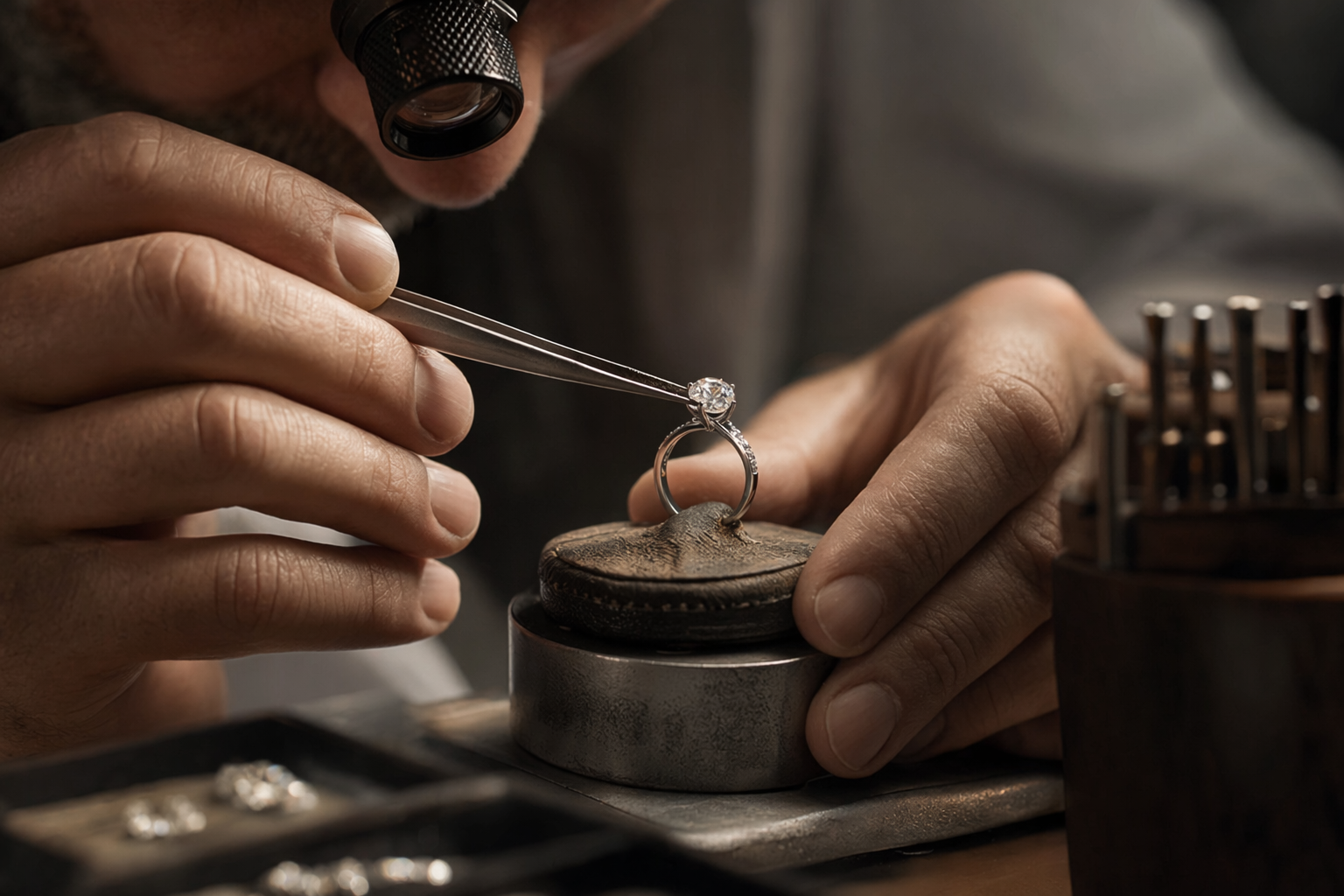 A master jeweler setting a lab-grown diamond by hand